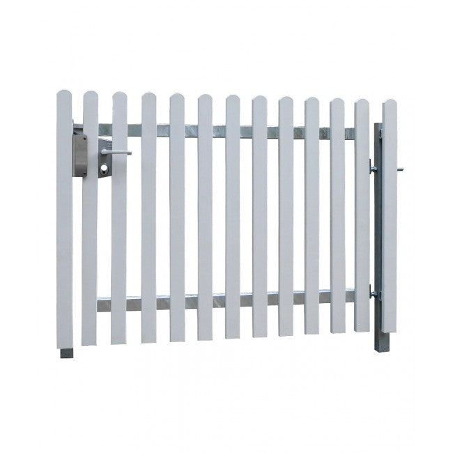 Portail à un battant, remplissage lattes PVC blanc