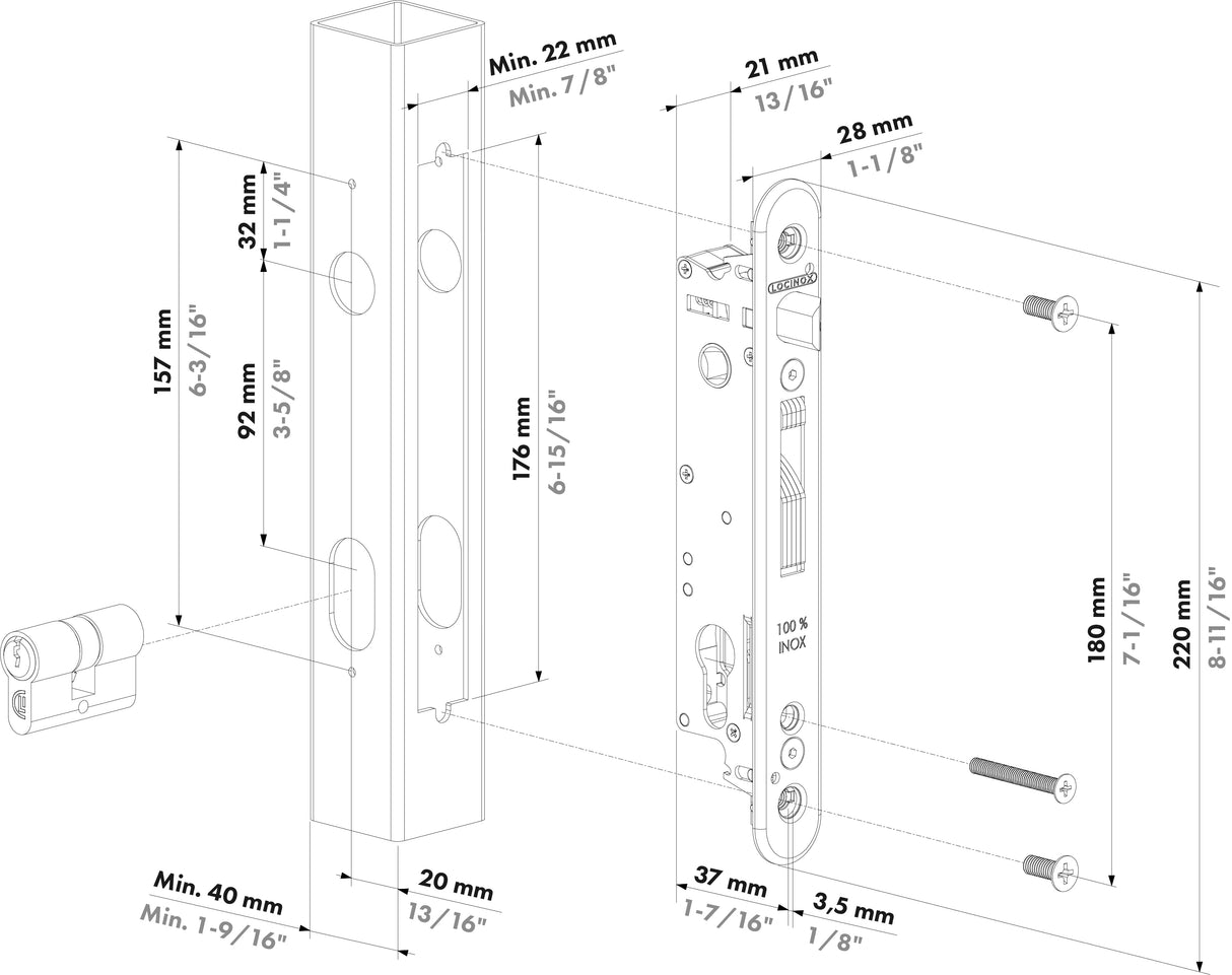 Serrure à encastrer Fortylock avec entraxe de 20 mm pour profilés de 40 mm