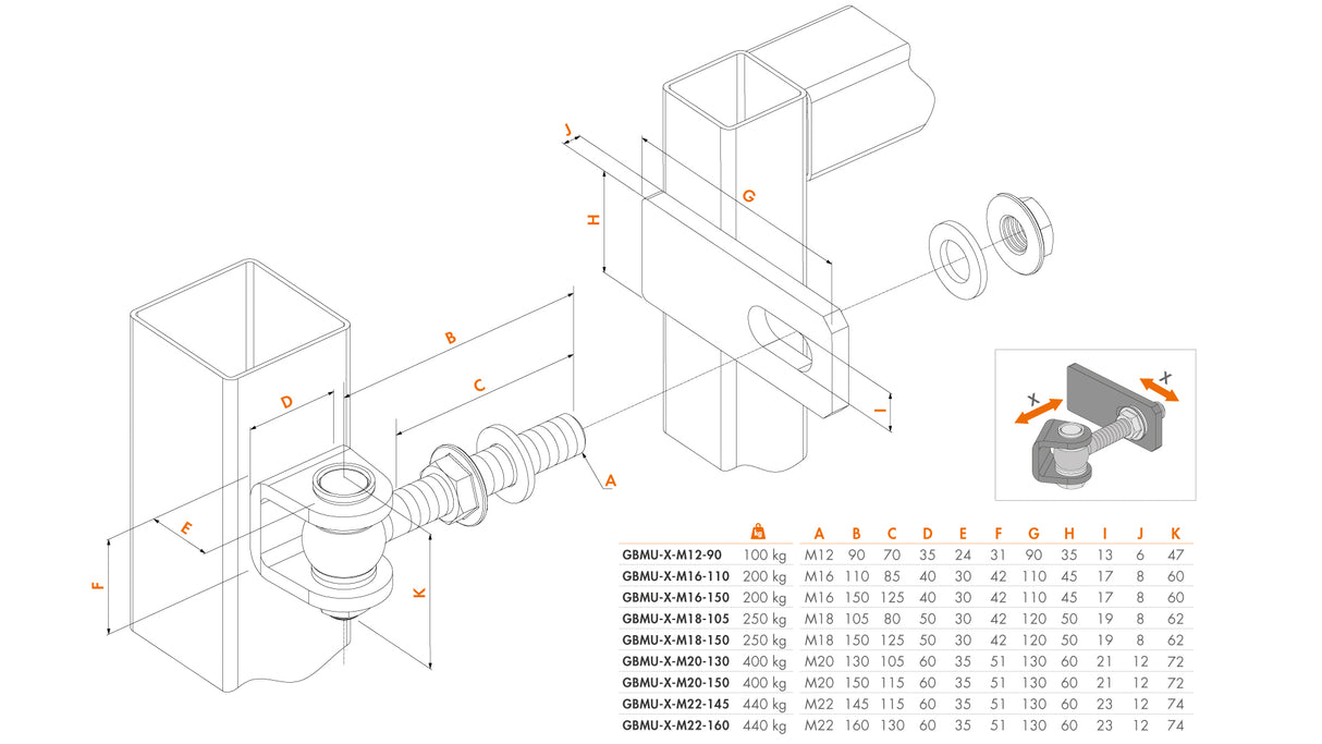 Charnière 180° avec réglage tridimensionnel