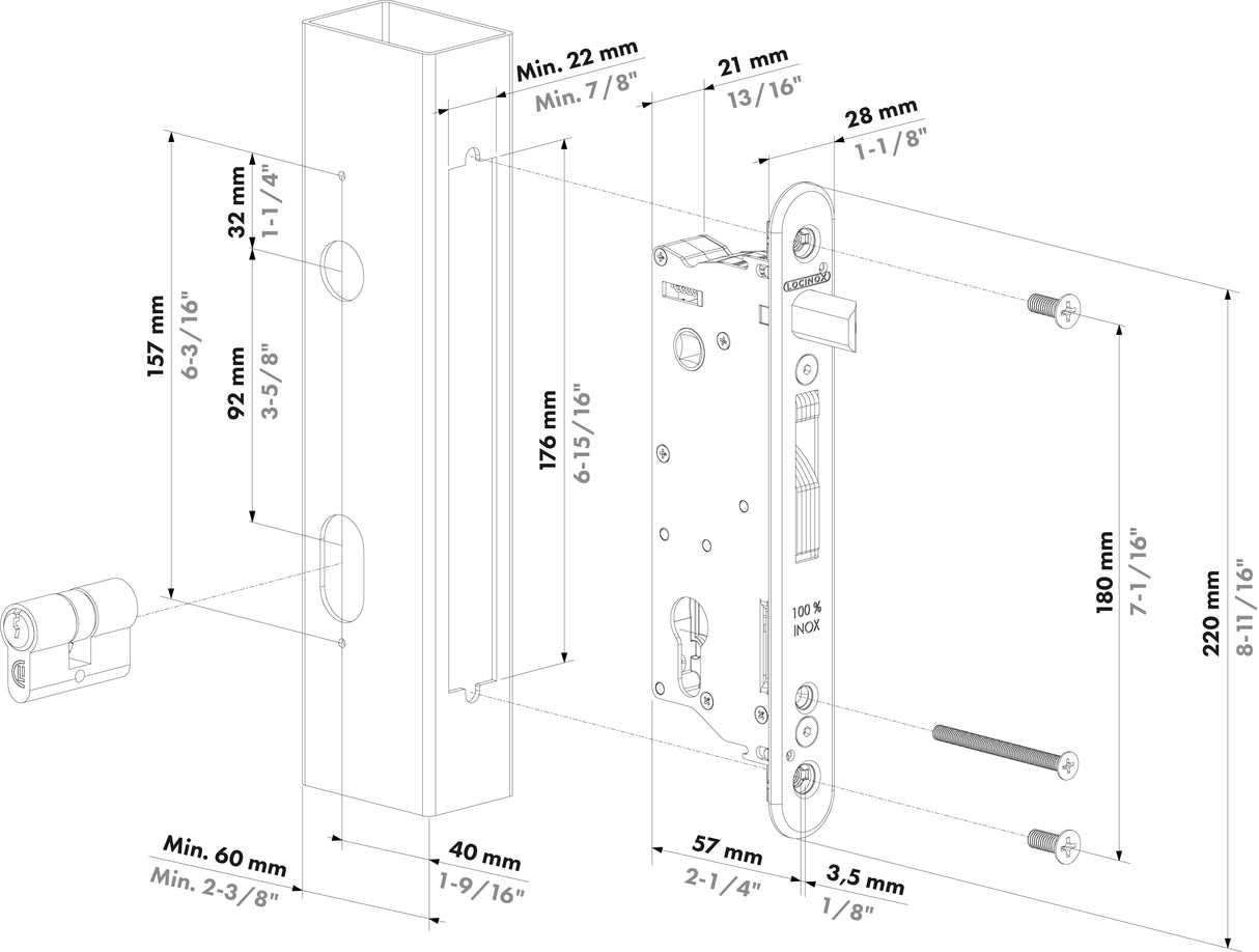 Serrure à encastrer Sixtylock avec entraxe de 40 mm pour profilés de 60 mm