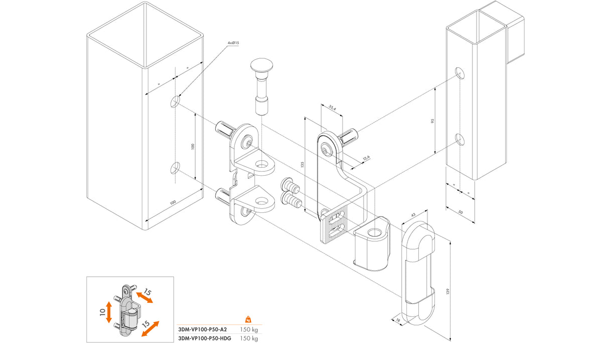 Charnière en inox à réglage tridimensionnel