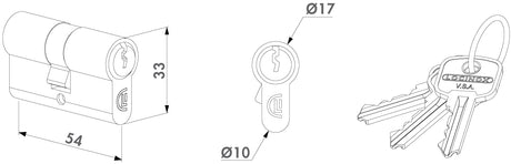 Eurozylinder L54 mm, mit 3 Schlüssel