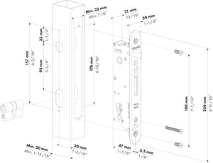 Serrure à encastrer Fiftylock avec entraxe de 30 mm pour profilés de 50 mm