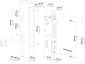 Serrure à encastrer Sixtylock avec entraxe de 40 mm pour profilés de 60 mm